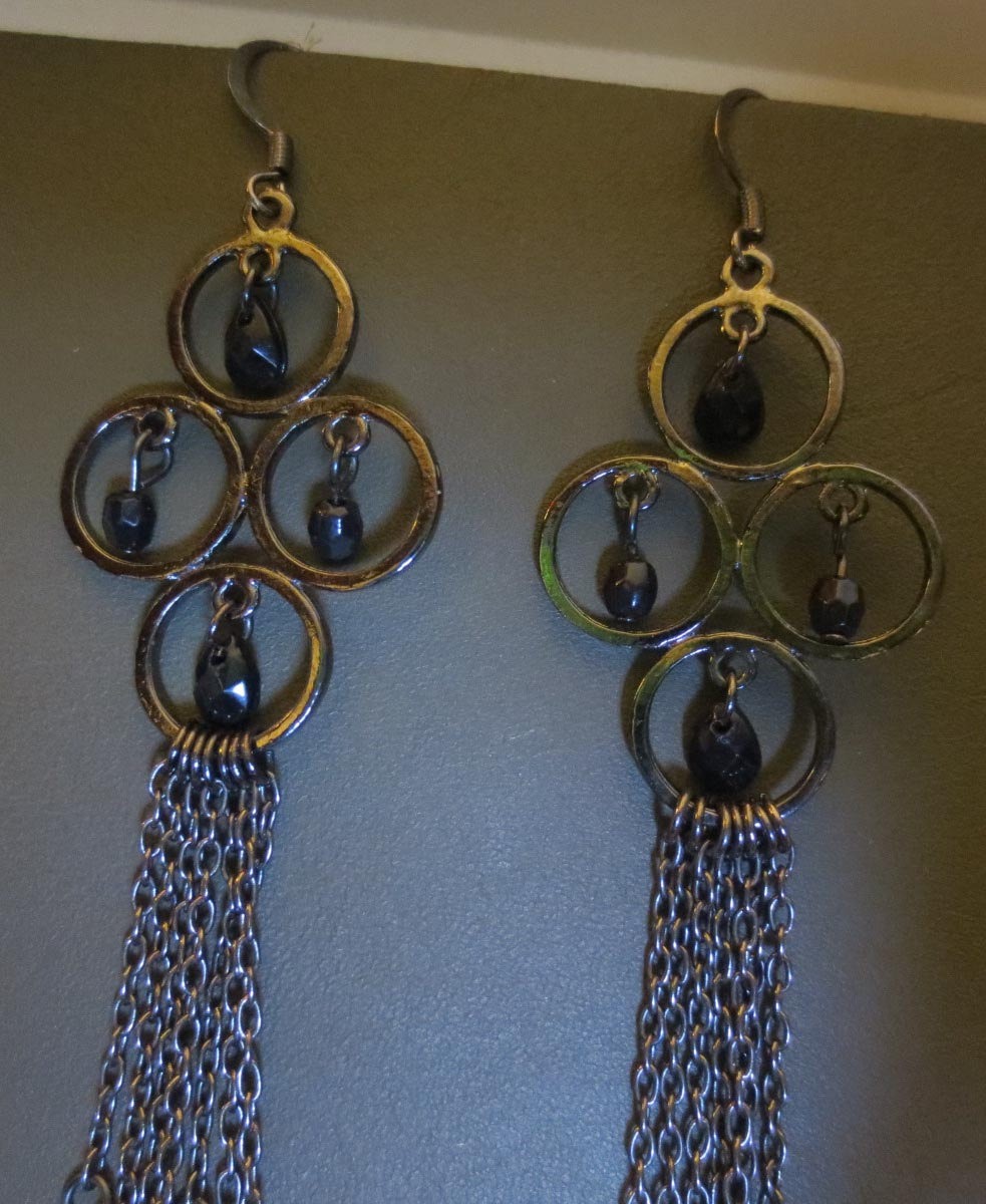 Aged Silver Black Beads Very Long Beaded Chain Earrings steampunk buy now online