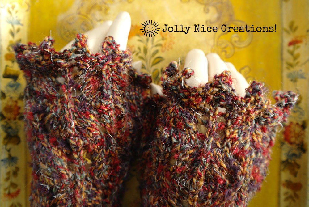 RUSSET LACE hand-knitted lacy fingerless gloves in sunset shades of rust, yellow and grey-blue - One Size - Steampunk/Boho steampunk buy now online