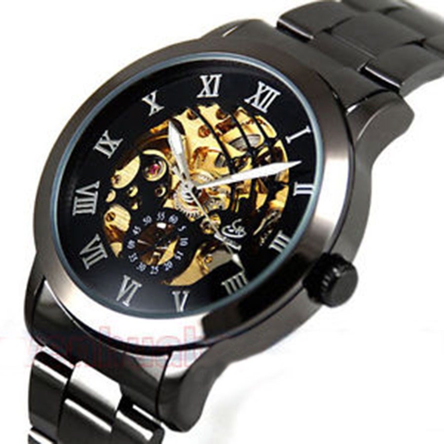Mens Black Golden Automatic Skeleton Self-wind Mechanical Watch Metal steampunk buy now online