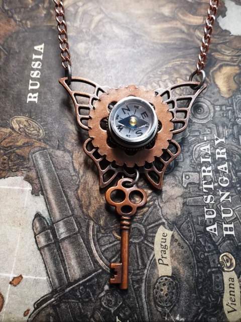 Steampunk Copper Butterfly Compass and Key Pendant steampunk buy now online