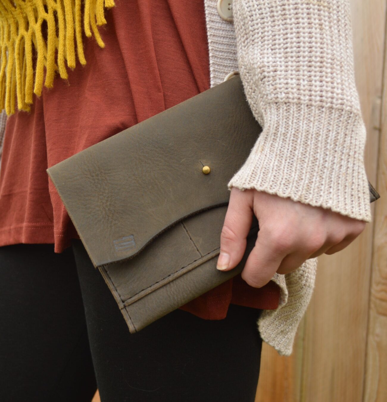 Leather clutch in deep olive steampunk buy now online