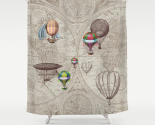 Hot Air Balloon Style Shower Curtain -"Balloon Festival" antique map - derigibles, retro Steampunk Home Decor Bathroom travel brown, beige steampunk buy now online