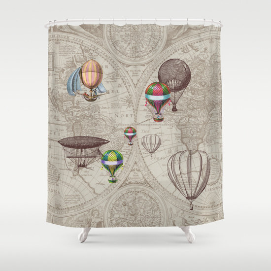 Hot Air Balloon Style Shower Curtain -"Balloon Festival" antique map - derigibles, retro Steampunk Home Decor Bathroom travel brown, beige steampunk buy now online