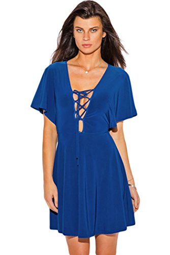 FemPool Women Charmming Deep Plunge Front Strappy Lace Up Kimono Sleeves Ruffle Midi Prom Party Dress Blue L steampunk buy now online