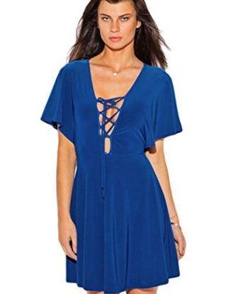 FemPool Women Charmming Deep Plunge Front Strappy Lace Up Kimono Sleeves Ruffle Midi Prom Party Dress Blue L steampunk buy now online