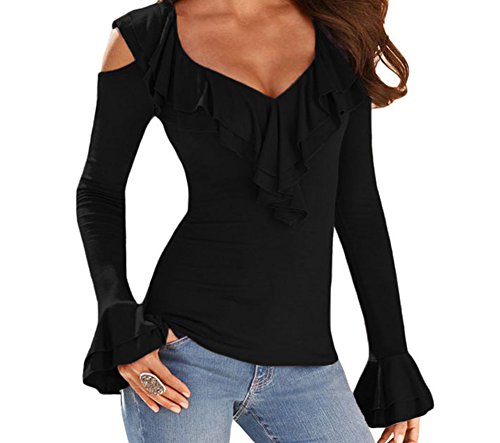 Bling-Bling Black Ruffle Cold Shoulder Long Sleeve Top(Size,M) steampunk buy now online