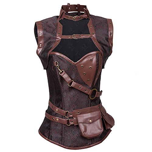 FeelinGirl Women's Cool Warrior Design Steel Boned Brocade Vintage Steampunk Bustiers Brown Corsets M steampunk buy now online