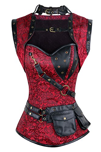 Charmian Women's Steel Boned Retro Goth Brocade Steampunk Bustiers Corset Top with Jacket and Belt Red X-Large steampunk buy now online