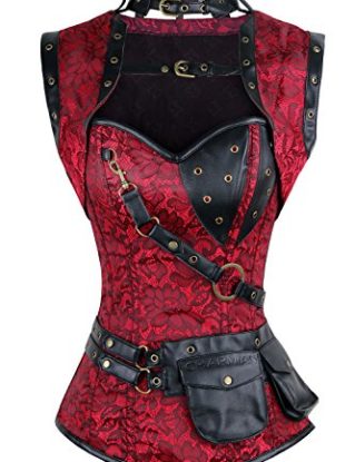 Charmian Women's Steel Boned Retro Goth Brocade Steampunk Bustiers Corset Top with Jacket and Belt Red X-Large steampunk buy now online