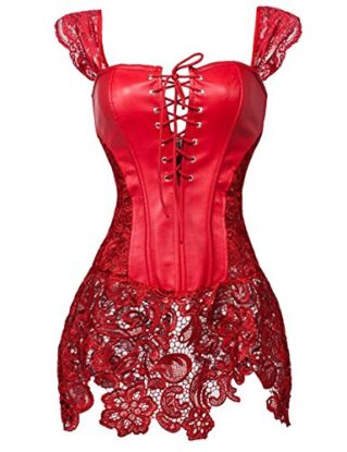 Beauty-You Women's Overbust Corset Dress Faux Leather Zipper Back Lace Up Front (XL/UK 12-14, Red) steampunk buy now online