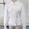 White Cotton Lolita Blouse Long Sleeves Lace Trim Turn-down Collar Ruffles steampunk buy now online