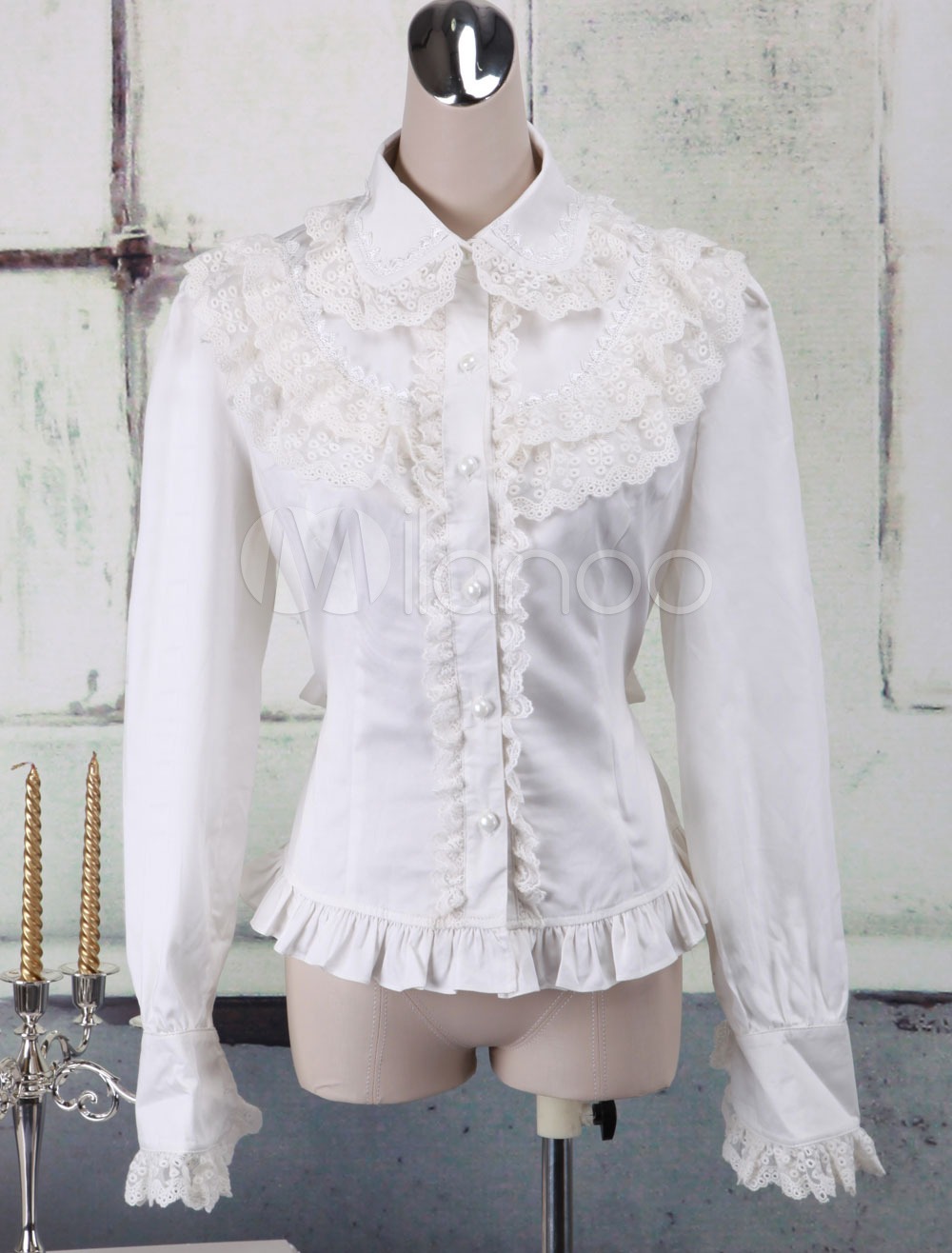 White Cotton Lolita Blouse Long Sleeves Lace Trim Turn-down Collar Ruffles steampunk buy now online