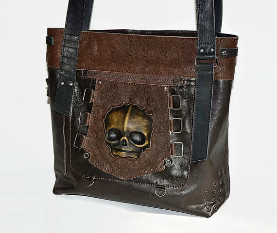 Leather tote Bag - Tote - Bag Leather - Bag Large - baby skull - Zombie - Handbag - Shoulder Bag - Unisex bag - leather tote - messenger bag by FamilySkiners steampunk buy now online