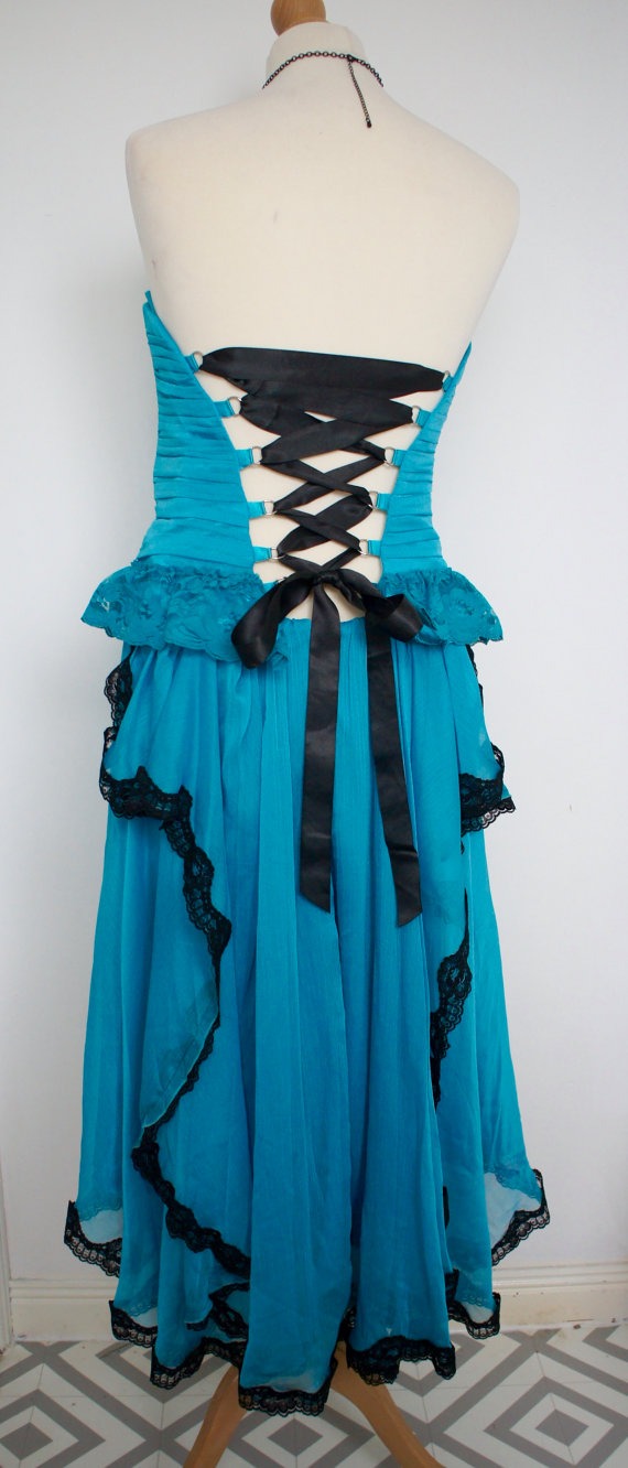 Upcycled Steampunk Victorian Style Cerulean Blue And Black Lace Up Back Corset Dress With Layered Lace Lined Bustle Back Size UK 12 US 8 by IndustriousImaginare steampunk buy now online