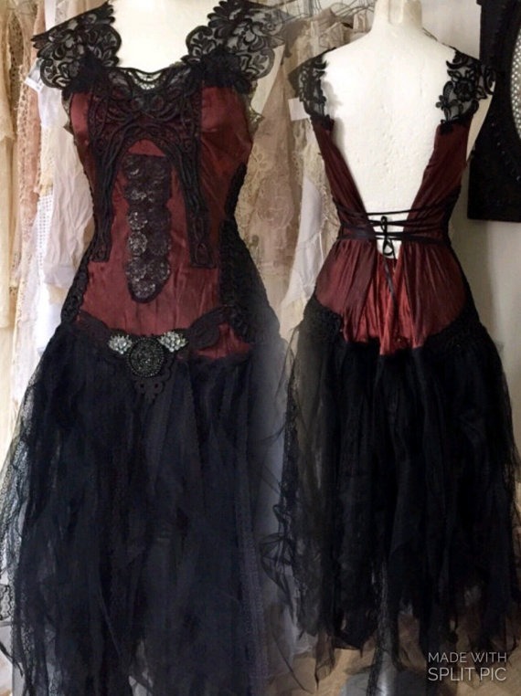 Goth Couture,Vampire wedding, Burlesque ,Victorian ,statement dress, alternative wedding,corset laced, Fairytale adventure, sexy dark red, by RAWRAGSbyPK steampunk buy now online