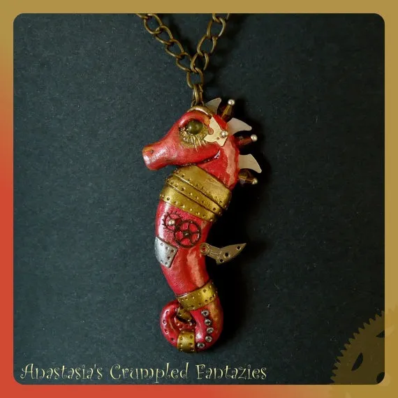 Steampunk seahorse necklace, Red bronze industrial polymer clay clockwork pendant, Scifi vintage gears, Jules Verne, 20.000 leagues by CrumpledFantazies steampunk buy now online
