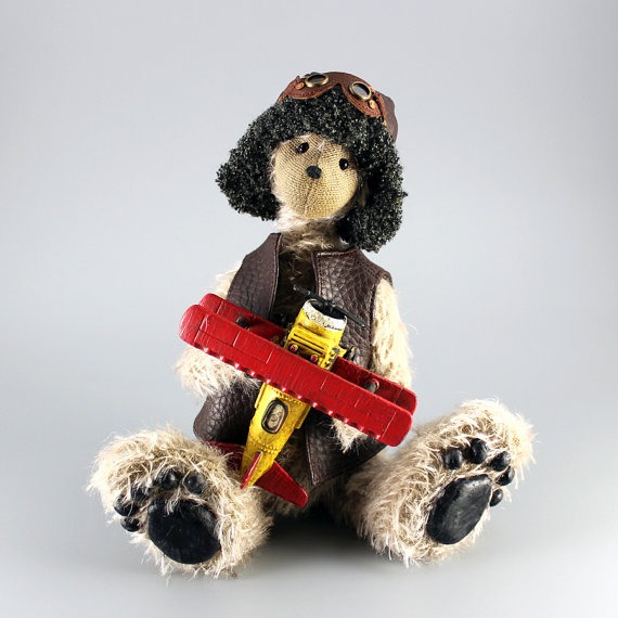 Steampunk bear with aviator goggles and metal plane handmade by Francisco Carreno perfect gift for her perfect gift for him by NinosBears steampunk buy now online