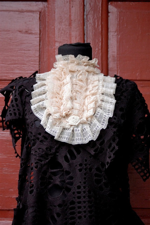 Collar, steampunk,goth,victorian, diva,roses, shabby chic ,eco chic, jane austen, ruffle neck piece ,decadence,cream,tattered collar,vintage by radusport steampunk buy now online