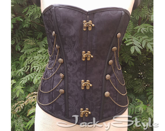 Black Sreel boned Corset Steampunk Stud and Chain Detail Waist Training Corset Gothic Overbust Waist Cincher by JackyStyle steampunk buy now online
