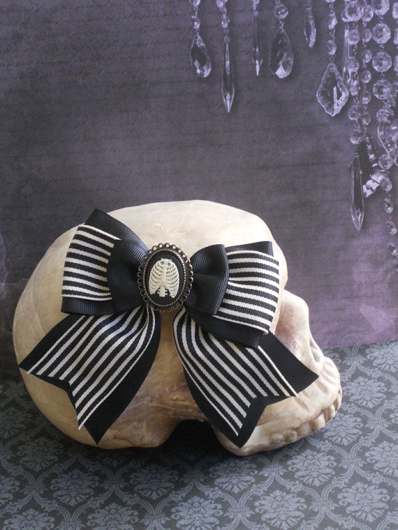 Gothic Lolita hair bow rib cage cameo on a stripe bow by LittleBanshees steampunk buy now online