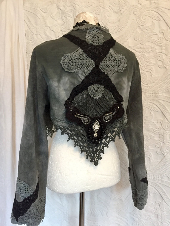 Boho jacket gray, christmas present for her unique,gothic jacket w.jewelry, victorian inspired cardigan, rawrags, steampunk jacket gray by RAWRAGSbyPK steampunk buy now online