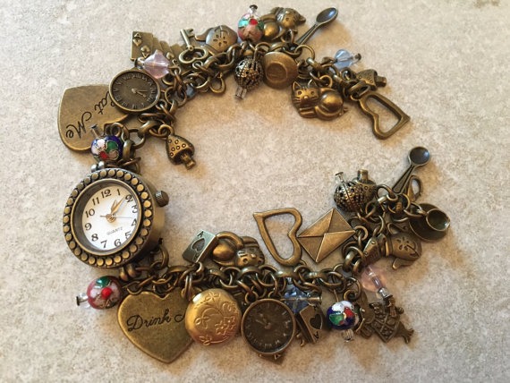 Alice in wonderland charm bracelet, alice in wonderland watch, vintage , charms , alice charm bracelet , steampunk gifts , christmas by Hippychick75 steampunk buy now online