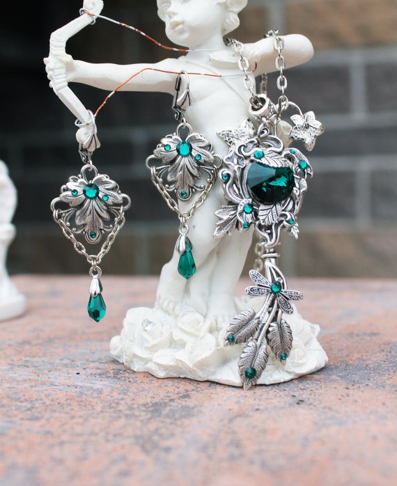 Fantasy dragonfly swarovski emerald green key necklace and earrings by DreamCloudJewelry steampunk buy now online