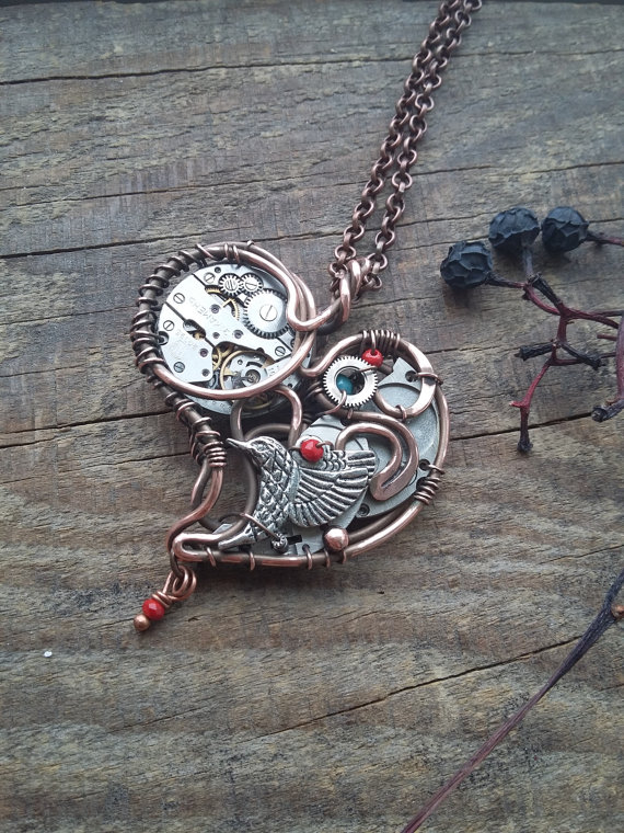 Heart necklace Steampunk jewelry Colibri Copper heart Gift for girlfriend Love gift Vslentine day Wire wrapped heart Watch parts by AlmostRealFlowersArt steampunk buy now online