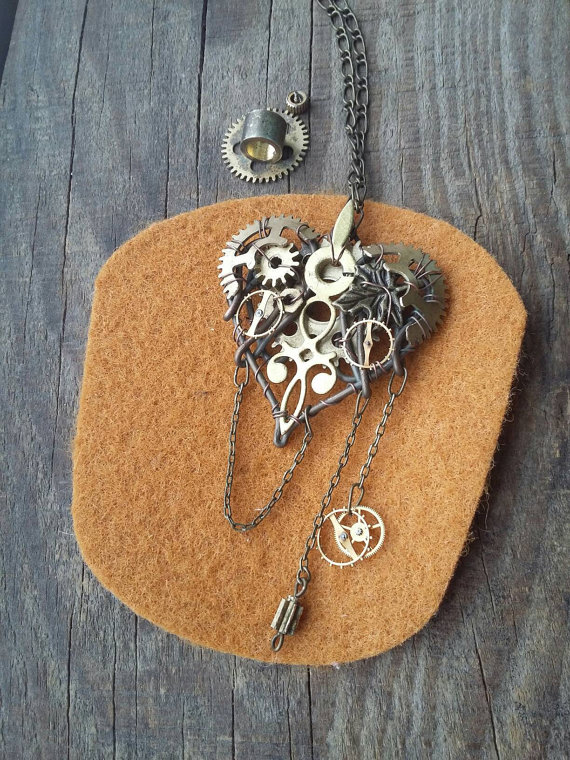 Steampunk heart necklace Golden gears heart Mechanical heart Valentine's heart gift Steampunk gift by AlmostRealFlowersArt steampunk buy now online