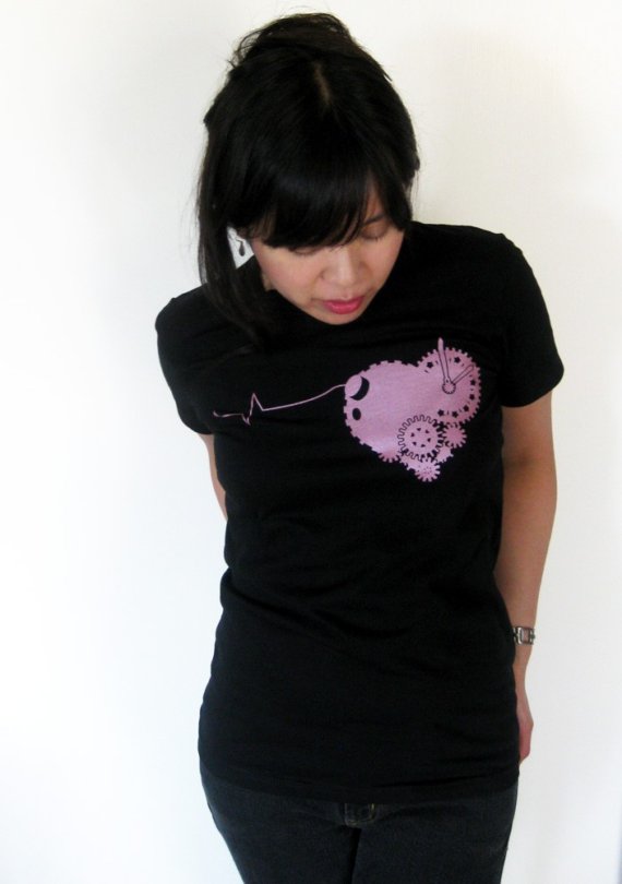 Clockwork Heart Womens T-shirt - Steampunk Pink Heart Shirt - Tender Time Bomb by binarywinter steampunk buy now online