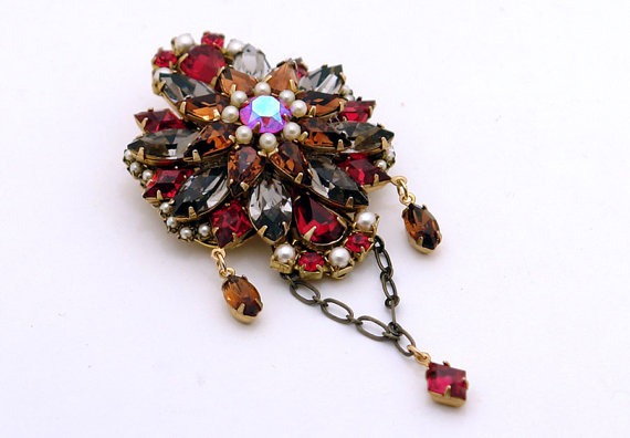 Victorian Statement Necklace/Brooch - OOAK - Ruby, Topaz, Smoke and Pearl. by MoonBubbles steampunk buy now online