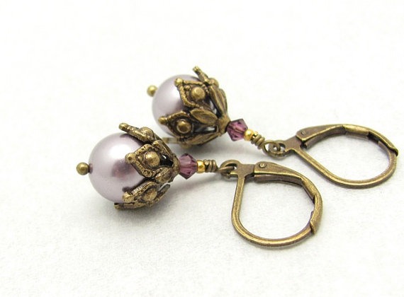 Steampunk Pearl Earrings, Swarovski Crystal Pearls, Lavender Wedding Bridal Bridesmaid, Mother of the Bride, Bohemian Victorian, Dangle Drop by hawaiibeads steampunk buy now online