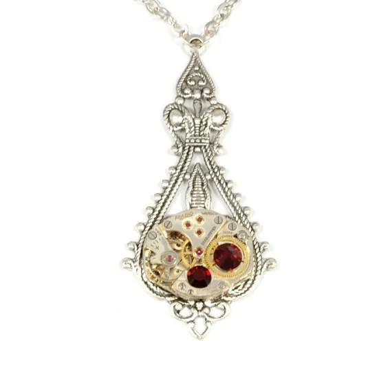 JANUARY Steampunk Necklace, Steampunk Wedding Necklace Vintage Watch Necklace Red Silver Victorian Steampunk Jewelry by VictorianCuriosities by VictorianCuriosities steampunk buy now online