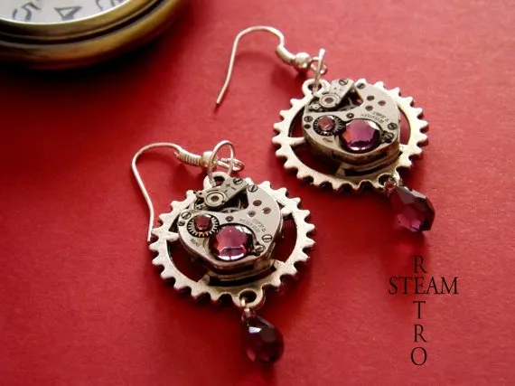 10% off XMAS16 Vintage watch movement Amethyst Swarovski Steampunk Earrings - Steampunk Jewelery * personalized jewelry by SteamRetro steampunk buy now online