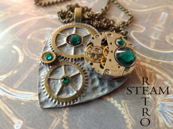 10% off XMAS16 The Clockheart Steampunk Watch Mechanism Emerald Necklace - Steampunk Jewelry by Steamretro -Christmas gift by SteamRetro steampunk buy now online