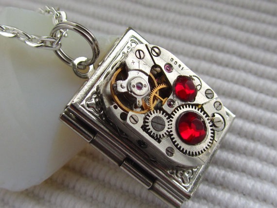 Steampunk book locket necklace with vintage watch movement and Ruby Red Swarovski crystals by Timewatch steampunk buy now online