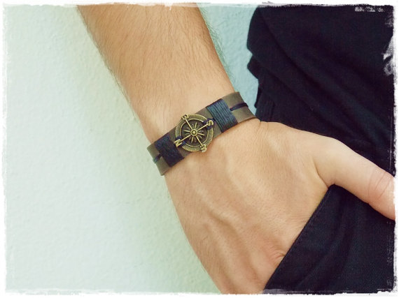 Men's Nautical Bracelet, Compass Leather Bracelet, Traveler's Bracelet, Steampunk Men's Bracelet, Men's Nautical Jewlry, Navy Compass Cuff by ChrisOsCreations steampunk buy now online