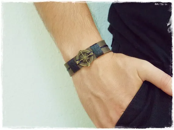 Men's Nautical Bracelet, Compass Leather Bracelet, Traveler's Bracelet, Steampunk Men's Bracelet, Men's Nautical Jewlry, Navy Compass Cuff by ChrisOsCreations steampunk buy now online