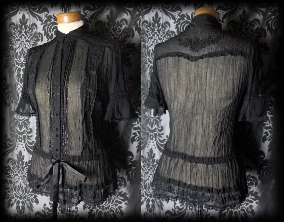 Gothic Black Crinkle Bead Detail SPLENDEUR Ties Blouse 12 14 Victorian Vintage by AusterexxDevotion steampunk buy now online