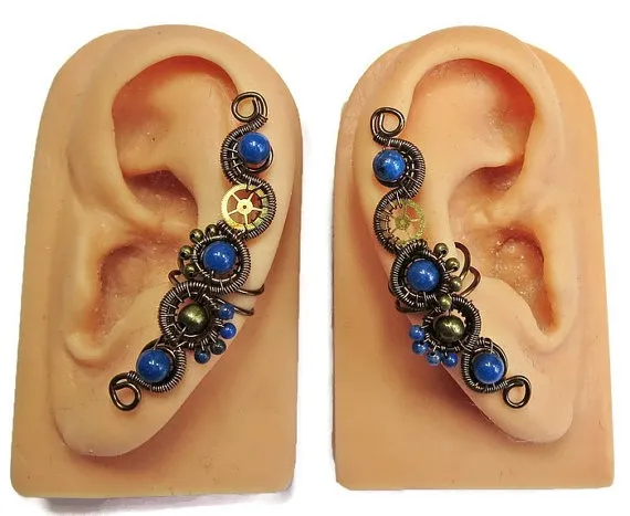 Lapis Lazuli & Bronze Steampunk Ear Cuffs - Steampunk Jewelry by HeatherJordanJewelry steampunk buy now online