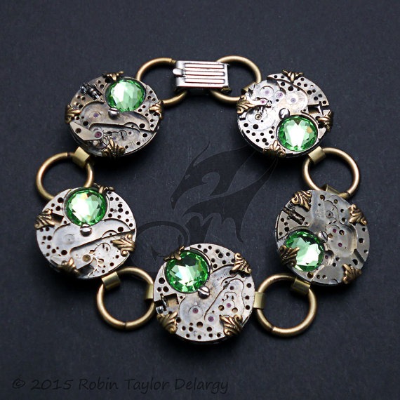 Steampunk Bracelet ~ Watch Movements Set with Peridot Green Rhinestones ~ Brass Links ~ Foldover Clasp ~ #B0129 by Robin Taylor Delargy by FANTASTICALITYbyRTD steampunk buy now online