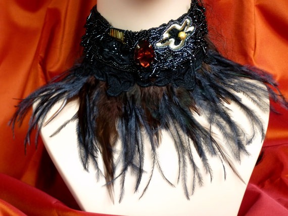 SALE, Victorian feather choker, Black couture rhinestone chocker, Black lace necklace, Gothik choker, Beaded neckpiece, Sparkling necklace by LumilinA steampunk buy now online