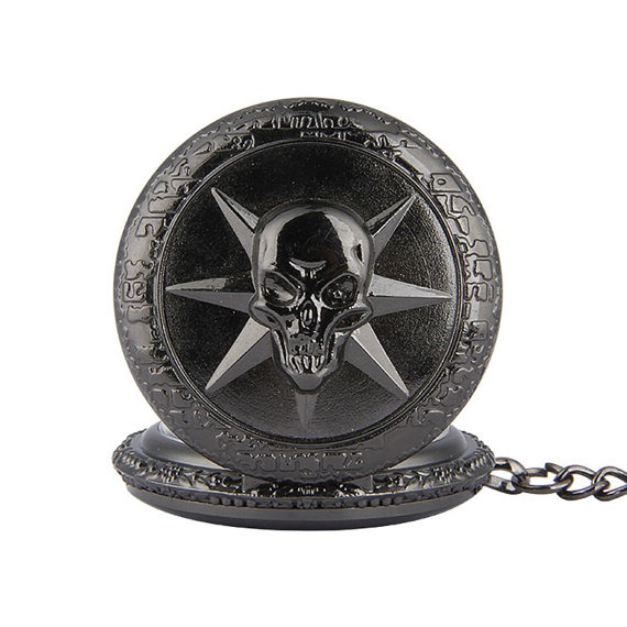 Black Pocket Watch Engraved Kits - Gold Shot Skull Pocket Watch Locket Pendant + Rolo Chain (40cm) by AlnSupplies steampunk buy now online