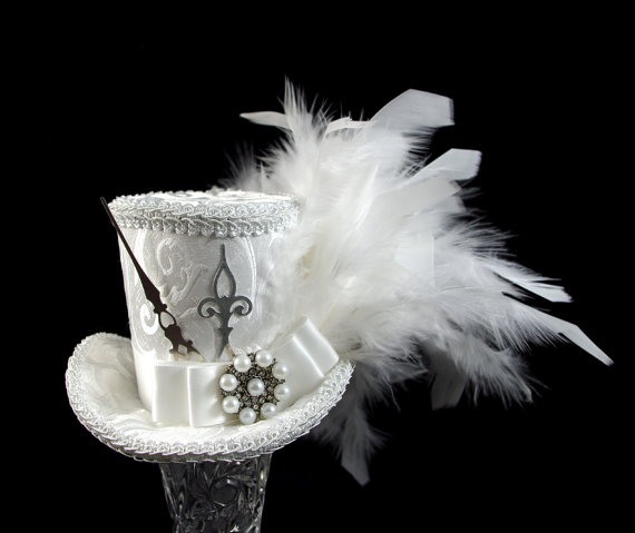 White and Silver Steampunk Wedding Medium Mini Top Hat Fascinator, Alice in Wonderland, Mad Hatter Tea Party, Derby Hat, Bridal Hat by TheWeeHatter steampunk buy now online