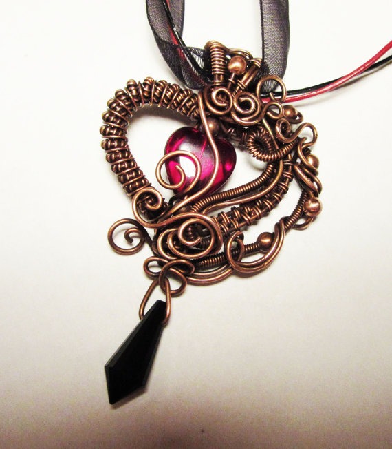 Wire-wrapped Gothic Red Heart Copper Pendant - Goth Necklace with Red Glass Heart and Black Crystal by PoltergeistJewellery steampunk buy now online