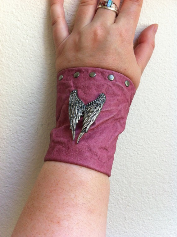 Rose Salmon Pink Wrinkled Leather Soft Bracer Cuff with Antique Silver Angel Wings and Pewter Spot Studs. by DejaLaVogue steampunk buy now online