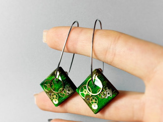 Green sterling silver earrings, Steampunk jewelry, Steampunk earrings, Ecofriendly resin, free shipping, Green Earrings, Unique clock parts by ByEmilyRay steampunk buy now online
