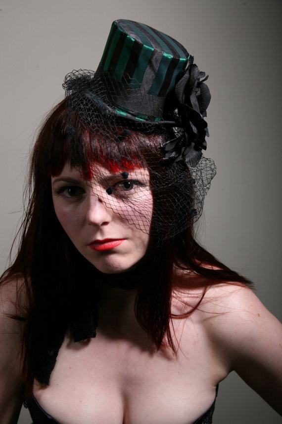 Victorian Green and black, Gothic striped burlesque top hat with veil by SarinaPoppyVintage steampunk buy now online