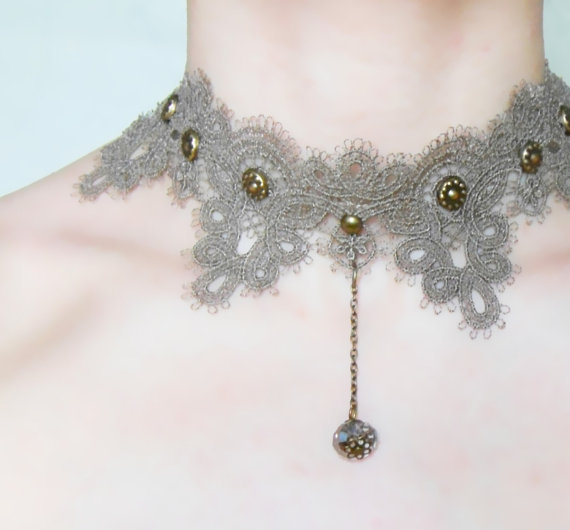 green/black lace pendant choker necklace - swarovski crystal beaded - bronze charms gothic victorian lace choker by LaceFancy steampunk buy now online