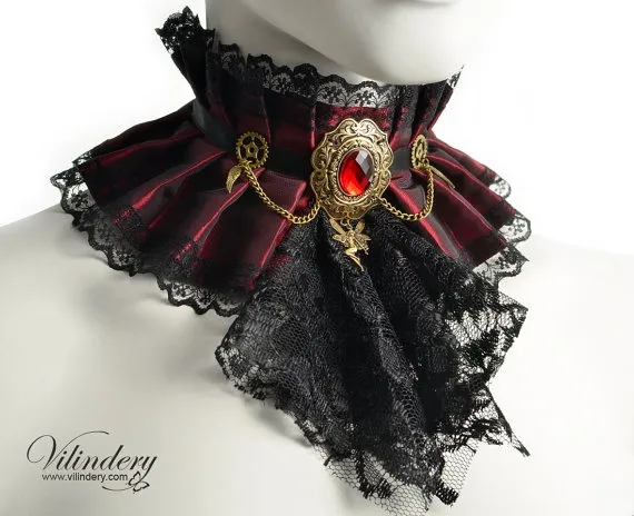 Red Steampunk Choker with red glass crystal and fairy - Steam Victorin fantasy collar, Red Wedding necklace, Red choker with black jabot by Vilindery steampunk buy now online